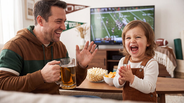 Happy father and toddler son clap while watching football gameday on television with popcorn chips beer for party fun