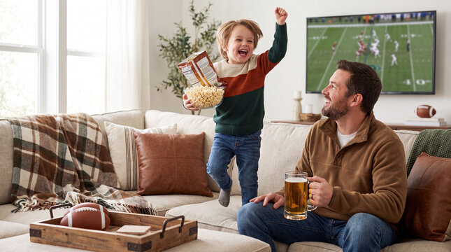Excited toddler jumps on sofa while father watches football gameday at home with popcorn chips beer for superbowl party