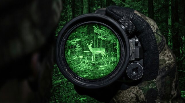 Hunter viewing deer through night vision thermal scope in forest. Man using infrared optic device for observation of wild animal in nature. Advanced technology for night hunting equipment.
