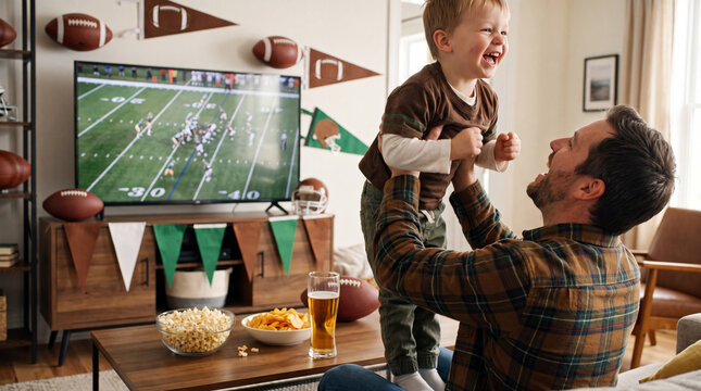 Father lifts laughing toddler high while watching football gameday on television at home with popcorn chips beer snacks