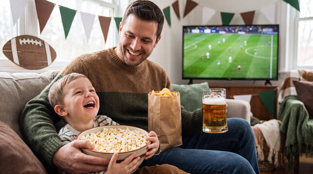 Toddler holds popcorn bowl while father watches football gameday on television at home with chips beer for party snacks