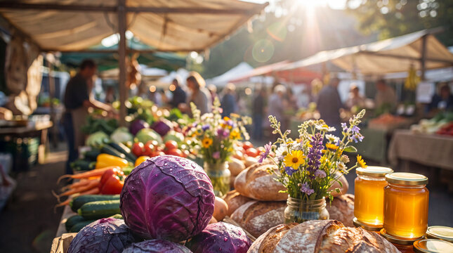 Farmers market harvest displays fresh purple cabbage on a rustic stall for organic food photography and healthy lifestyle marketing