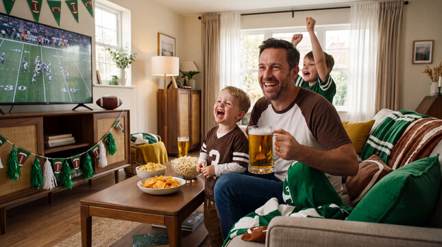 Father and two children cheer while watching football gameday on television at home with popcorn chips beer for party fun
