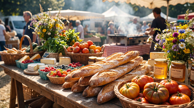 Farmers market harvest displays golden baguette bread on a rustic stall for artisan food photography and cozy lifestyle marketing