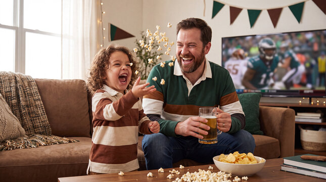 Toddler throws popcorn in air while father watches football gameday on television at home with chips beer for party fun
