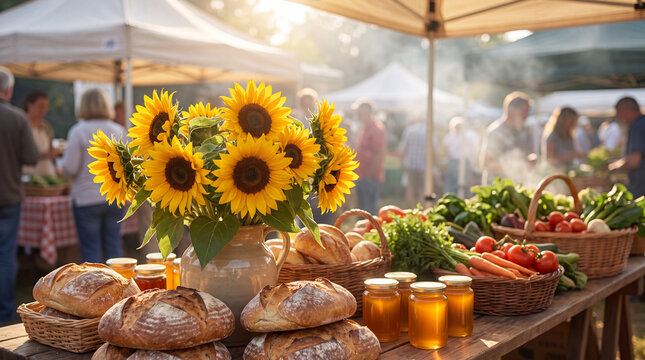 Farmers market harvest displays sunny sunflower bouquets on a rustic stall for floral photography and cheerful lifestyle marketing