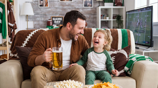Father and toddler laugh together while watching football gameday on television at home with popcorn chips beer party snacks