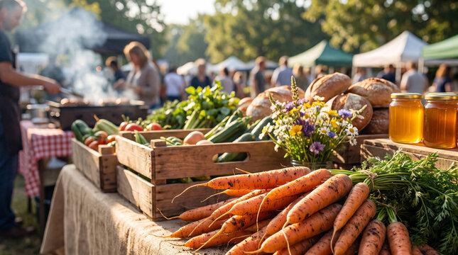 Farmers market harvest displays organic orange carrots on a rustic stall for fresh food photography and healthy lifestyle marketing