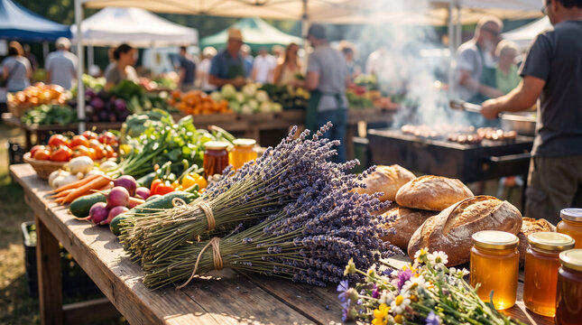 Farmers market harvest displays aromatic lavender bouquets on a rustic stall for floral photography and relaxing lifestyle marketing