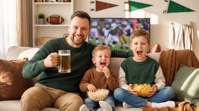 Father and two sons cheer while watching football gameday on television at home with popcorn chips beer for superbowl party