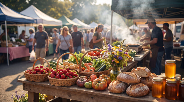 Farmers market harvest displays fresh organic strawberries on a rustic stall for summer food photography and healthy lifestyle marketing