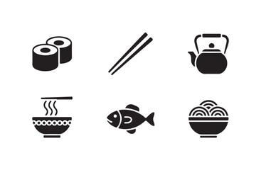 Oriental food vector symbols set with maki sushi ramen bowl teapot and fish illustrations. © Joynab