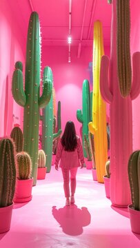 Woman in pink outfit walking through a surreal art installation with giant colorful cacti in a vibrant pink room