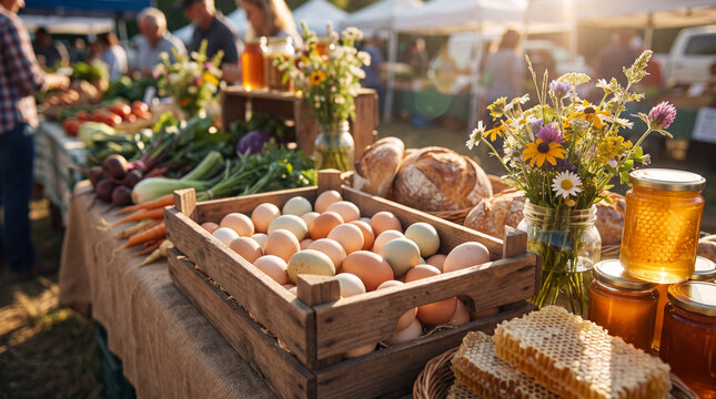 Farmers market harvest displays fresh organic eggs on a rustic stall for farmhouse food photography and healthy lifestyle marketing