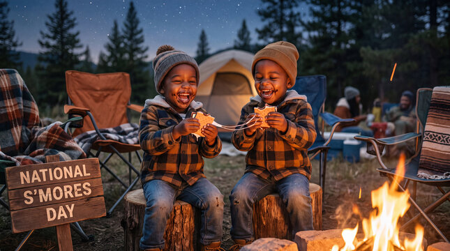 Two happy children laugh while eating melted chocolate s'mores around a summer campfire for festive camping promotions