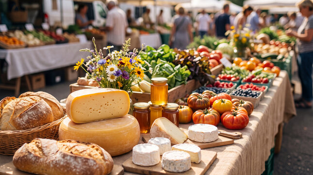 Farmers market harvest displays artisan farmhouse cheese on a rustic stall for gourmet food photography and cozy lifestyle marketing