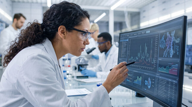 Women's Equality Day features a Latina woman scientist analyzing data on a monitor for laboratory research and STEM advocacy content