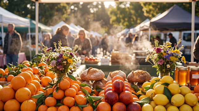 Farmers market harvest displays juicy citrus oranges on a rustic stall for winter food photography and healthy lifestyle marketing