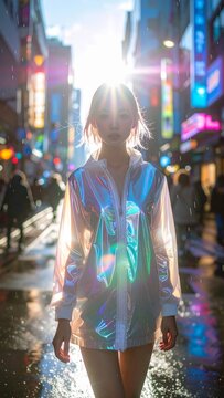 A stylish young woman standing on a wet urban street during a vibrant sunset with glowing neon lights reflecting on the pavement in a cinematic atmosphere