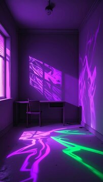 Empty room with a desk and chair illuminated by vibrant purple and green neon laser light projections creating abstract patterns