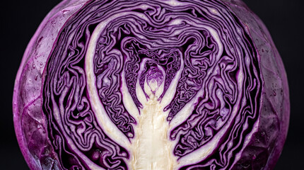 Obraz premium Fresh red cabbage cross section. Close up of organic vegetable texture on black background.