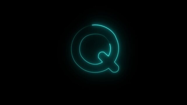 Glowing Neon Letter Q Animation with cyan Light Effect on Black Background, Alphabet Typography, 4K Motion Graphics Loop