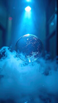 Floating glass sphere illuminated by a blue spotlight amid thick smoke