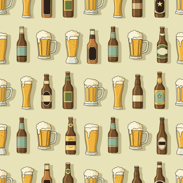 Seamless pattern of flat design beer bottles and mugs on grey