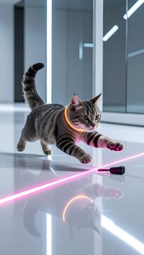 A playful tabby cat chasing a vibrant neon laser beam in a futuristic modern interior hallway setting