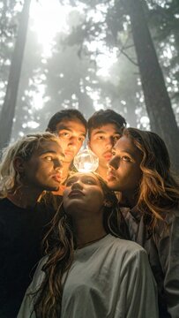 Group of Curious Young People Discovering a Mysterious Glowing Light in a Misty Enchanted Forest