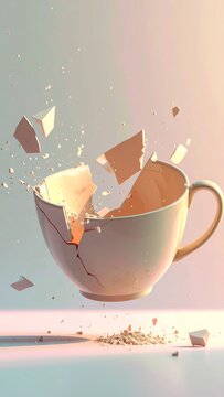 A delicate white ceramic coffee cup shattering into scattered shards against a soft ethereal gradient studio lighting background