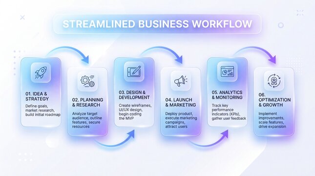 Streamlined business workflow infographic process steps template with icons, workflow