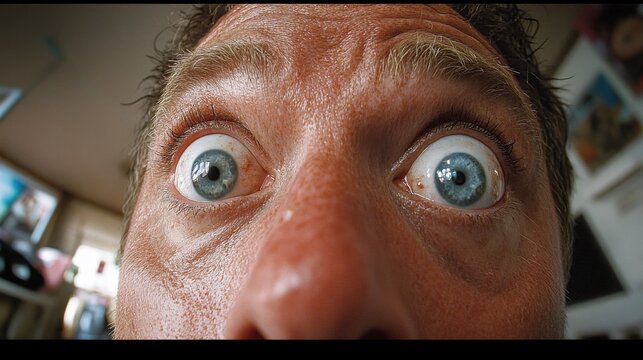Close-up of Man's Face with Wide Eyes Expressing Shock and Disbelief