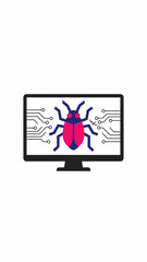 Fototapeta premium Flat Vector Illustration of a Bug Insect Inside a Computer Screen - Minimalist 2D Digital Art on a White Background