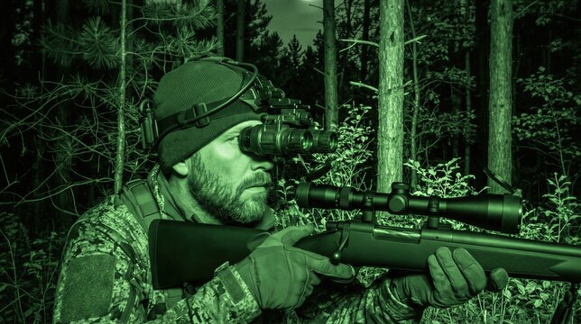 Man soldier looking through night vision device in dark forest. Tactical military gear for stealth observation and reconnaissance. Professional equipment for hunting and surveillance at night.