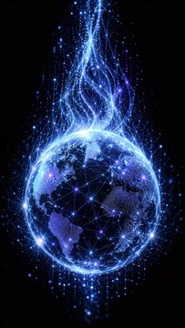 Digital globe illuminated with blue light, representing global network and data transmission. Abstract streams of light emanate from the planet, suggesting connection and technology