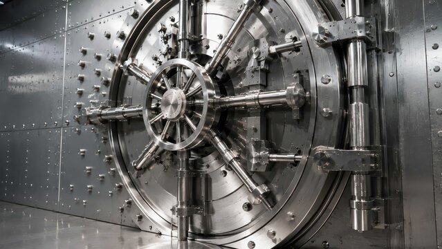 A close-up shot of a massive, round bank vault door made of polished metal. The door has a complex locking mechanism with a large wheel in the center, surrounded by numerous rivets on the wall
