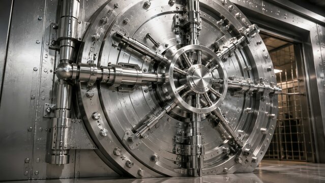 A massive, circular vault door made of steel, with a complex locking mechanism and industrial details