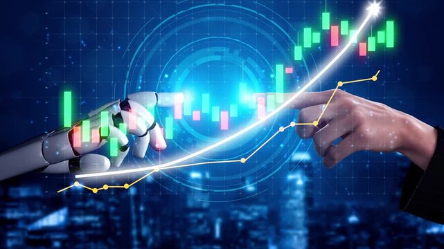 A visually captivating image showing a robotic hand and a human hand reaching towards each other, symbolizing the collaboration between technology and finance for economic growth. Copula