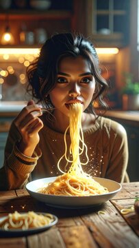 Young Woman Enjoying a Plate of Spaghetti Pasta in a Warm and Cozy Kitchen Setting