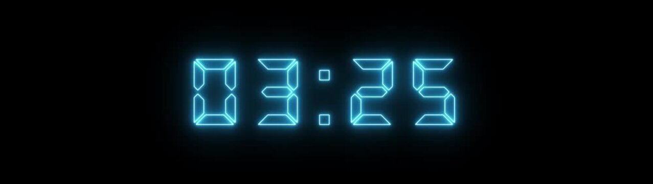 Neon blue digital countdown timer clock displaying time remaining on black background
