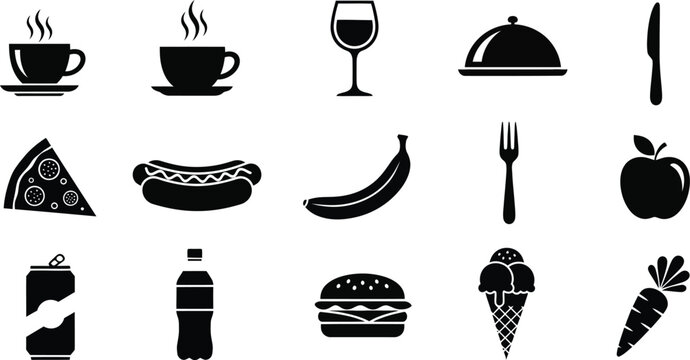 Collection of food icons and symbols for culinary design. Modern vector illustrations for menus and branding.