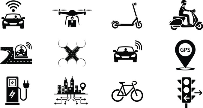 Set of traffic and transportation icons for navigation apps. Vector symbols for travel and mobility solutions.