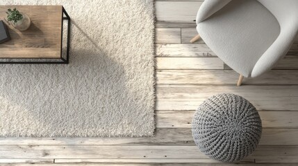 Obraz premium Top view of modern living room interior design with wooden floor and fluffy rug. Cozy apartment decor.