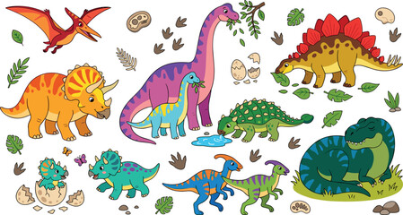 Cute cartoon dinosaurs set, collection of prehistoric animals, funny dino characters for kids, vector illustration © MDMAHABUR