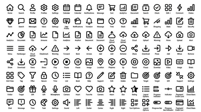 Outline icon set provides a comprehensive library of user interface symbols for mobile applications.