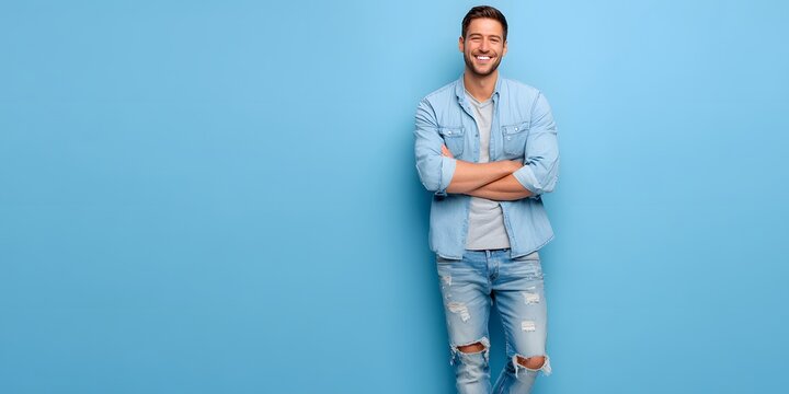 A cheerful young man stands with arms crossed against a light blue wall