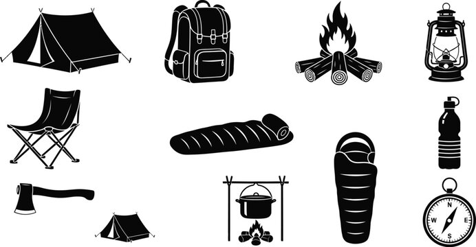 Outdoor camping gear setup with backpack, tent, and accessories. Adventure equipment for outdoor enthusiasts.