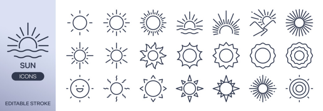 Sun vector icon set. It includes solar, light, sunshine and more icons. Editable Vector Stroke.
