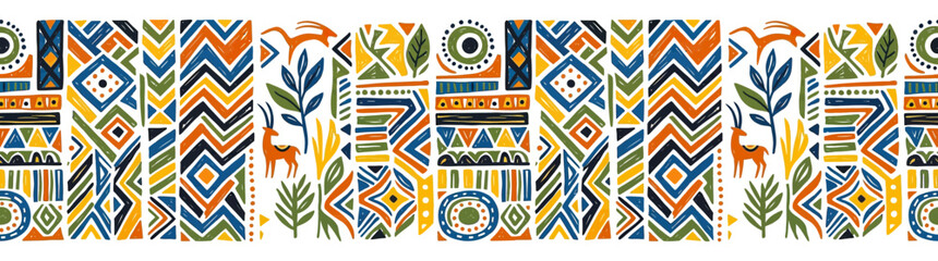 Obraz premium Vibrant African Tribal Geometric Pattern with Wildlife